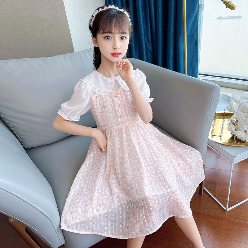 Girls' chiffon dress summer thin section 2022 new medium and large children's clothing Western style skirt short-sleeved princess skirt tide