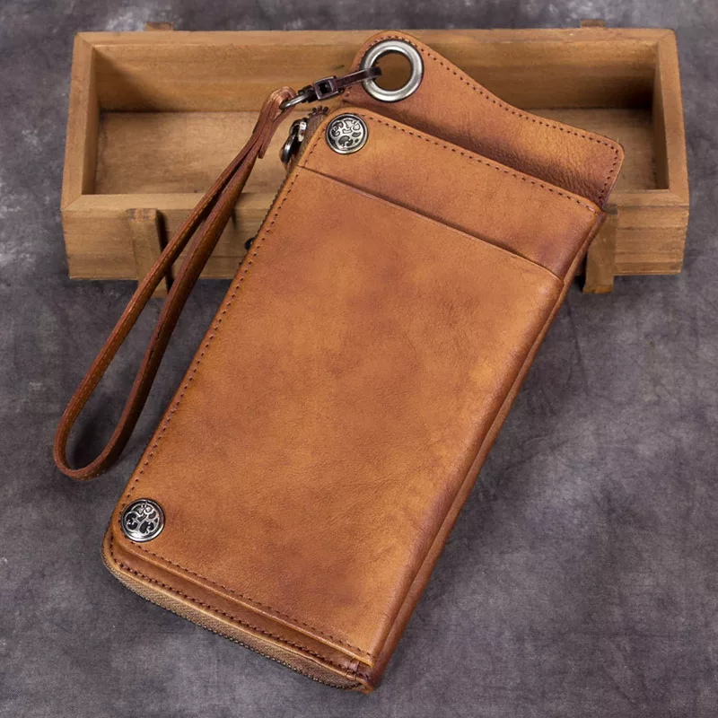 Retro leather long wallet with zipper, cowhide, genuine leather, maxi length, Japanese and Korean, simple and elegant design