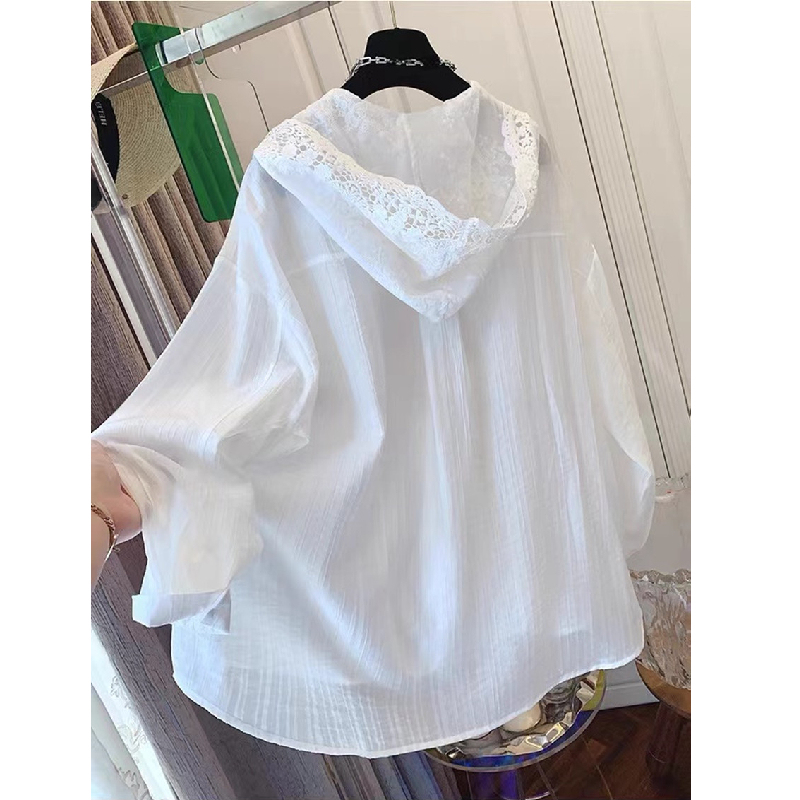 French-Style Textured Lace Hooded Shirt for Women, Summer Plus-Size Loose Thin Long-Sleeve Sun-Protective Top