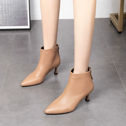 Короткие сапоги с заостренным носом на высоком каблуке, обувь для кожаной обуви, ботинки, коллекция 2022, из натуральной кожи, осенние