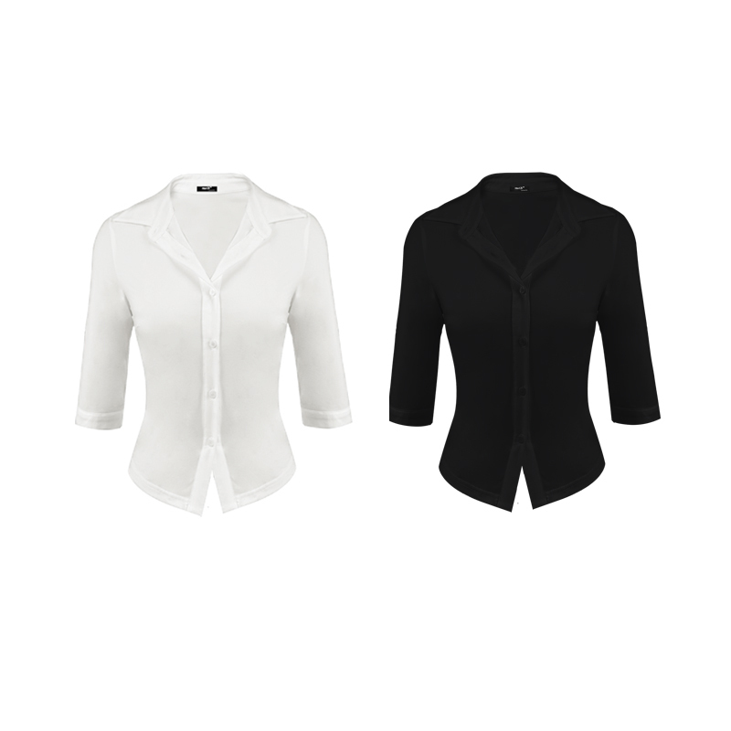 Hai3* Three-Quarter Sleeve Slim Fit Stretch Shirt Waist-Cinching Shirt Stretch White Shirt