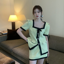 2021 new Hong Kong style retro chic small fragrance temperament self-cultivation woven top coat short skirt two-piece summer suit