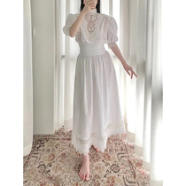 White one-piece dress 2022 Summer new French Comeback Lace Hollowed-out Design Bubble Short Sleeve Cashew Long Skirt