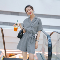 One-piece pants 2020 new fashion short one slim jumpsuit women V collar slim temperament summer wide leg pants