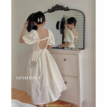 2022 summer new French square collar puff sleeves backless dress niche design elegant waist slimming dress