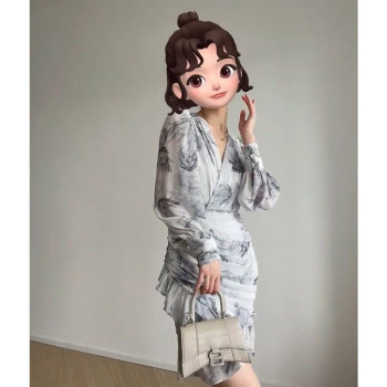 2023 spring and autumn new high-end dyeing ink printing dress waist V-neck puff sleeves hip skirt