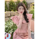Summer new women's clothing French sweet and gentle wind ruffled pink shirt thin skirt two-piece suit female