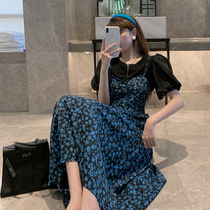 2021 new Hong Kong style retro chic puff sleeve short-sleeved T-shirt floral suspender dress two-piece suit female summer