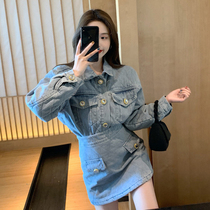 2021 New port Wind retro Han Chinese chic ocean gas minus age 100 lap denim jacket Short skirt Two sets of women