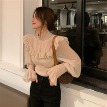 2021 New port Wind retro style small crowdshirt lantern sleeve mesh yarn splicing with slim long sleeves Knitted Sweatshirt Women