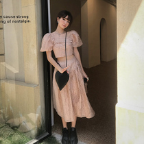 2023 new Hong Kong style retro chic French three-dimensional printing puff sleeve top skirt two-piece suit female summer