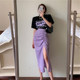 New French retro letter printing short-sleeved T-shirt top high waist shirring slit skirt two-piece suit summer