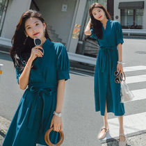 French Medium-length dress Summer 2020 new peacock blue V collar chiffon solid color dress Super fairy Korean spring and summer