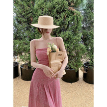 2023 new Hong Kong style retro chic small floral suspender top high waist pleated skirt two-piece suit female summer