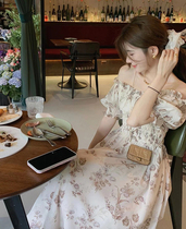 2022 summer new pure desire style one-shoulder printed dress gentle style temperament waist waist slimming sweet long skirt