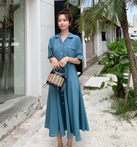 Dress Women 2020 Summer New Korean Slim Slim Temperament Long Skirt Blint Blue Shirt Dress