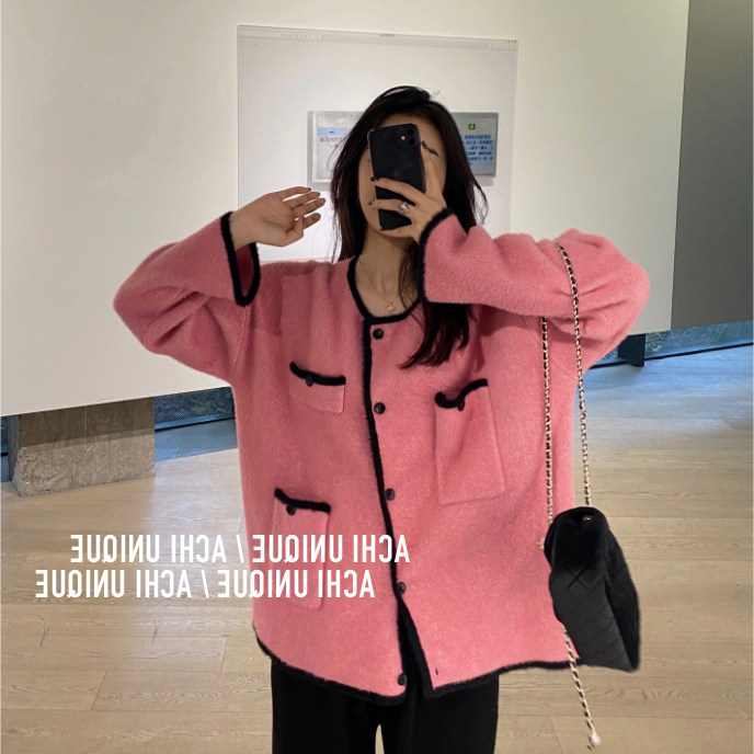 2021 Autumn Winter New Fashion Temperament Cardiovert Jacket Knit Blouse With Salt Can Be Sweet Loose Pink Needle Weaselwear