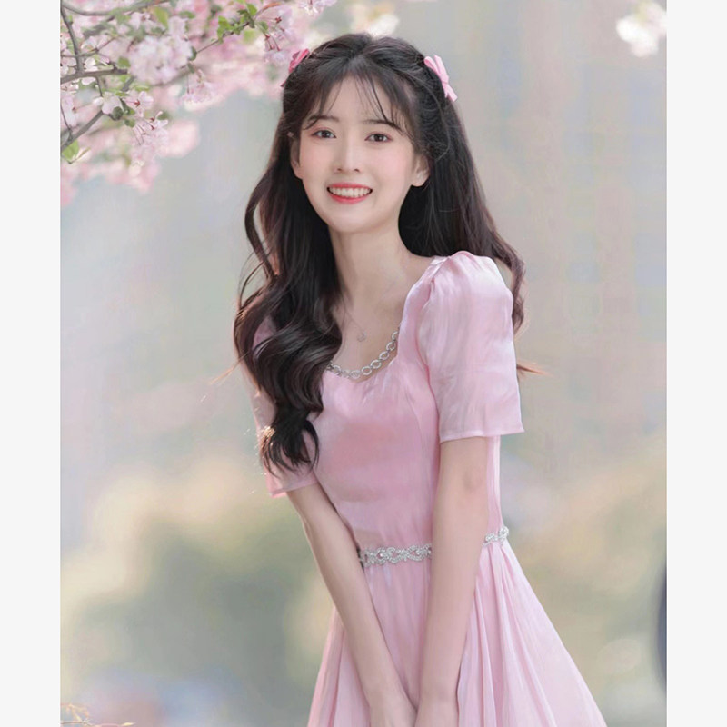 Summer New Women's Sweet Age Reduction Pink Color Dress Temperate Weather