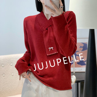 Honey bear velvet + sheep wool! bow neck scarf with soft and waxy design v-neck autumn and winter women's loose knitted sweater pullover