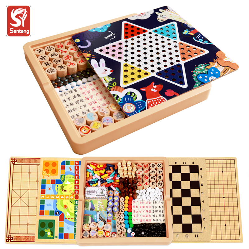 Multiple All-in-one Checkers Flying Chess Five Chess Fighting Beast Chess Game Multifunction Chess Children Students Puzzle Wooden Toys