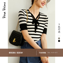Neckline lace-up woolen sweater 2020 Autumn New early autumn temperament top V-neck striped short sleeve sweater women