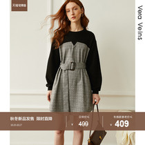 Contrast color stitching Plaid fake two-piece dress autumn 2021 new little waist lace-up retro dress