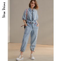 Nine-split foot denim jumpsuit 2021 Autumn New loose waist slim tooling style casual pants women