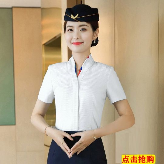 Stewardess-Uniform, weißes Hemd, weibliche Hotelbegleiterin, Arbeitskleidung, schlankes Temperament, V-Ausschnitt, Flugbegleiterin, Vorstellungsgespräch, Arbeitskleidung, Hemd
