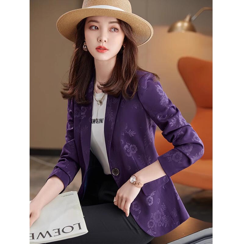 Purple Blazer for Women 2026 New Spring and Autumn Middle-Aged Elegant Slim-Fit Printed Petite Short Suit Jacket