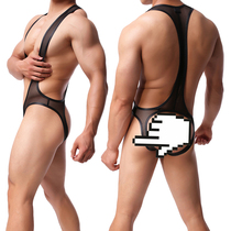 Sexy mens sexy jumpsuit mesh transparent body shaping jumpsuit breifs