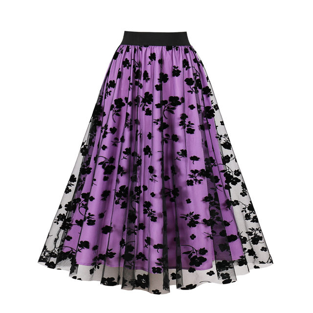 French Retro Fairy Commuting Slim Versatile Printed Large Size High Waist Medium Long Swing A Line Mesh Skirt for Women