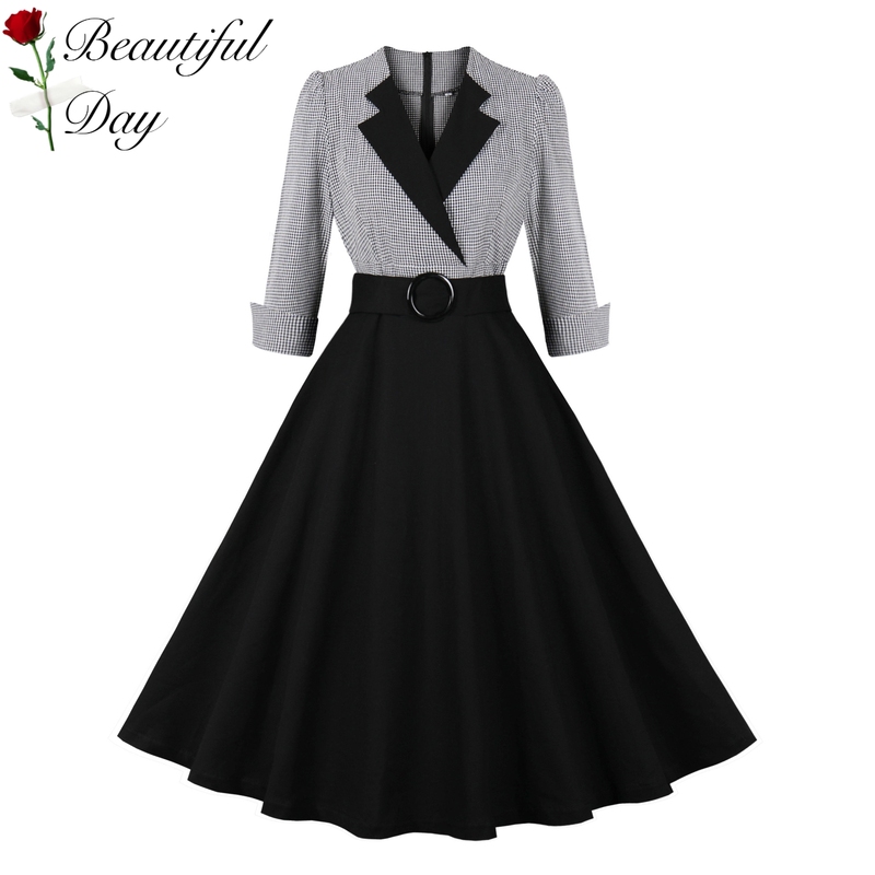 European and American Hepburn-Style Retro British Hong Kong Style Vintage Three-Quarter Sleeve Plaid Patchwork Waist-Cinching Flared Dress