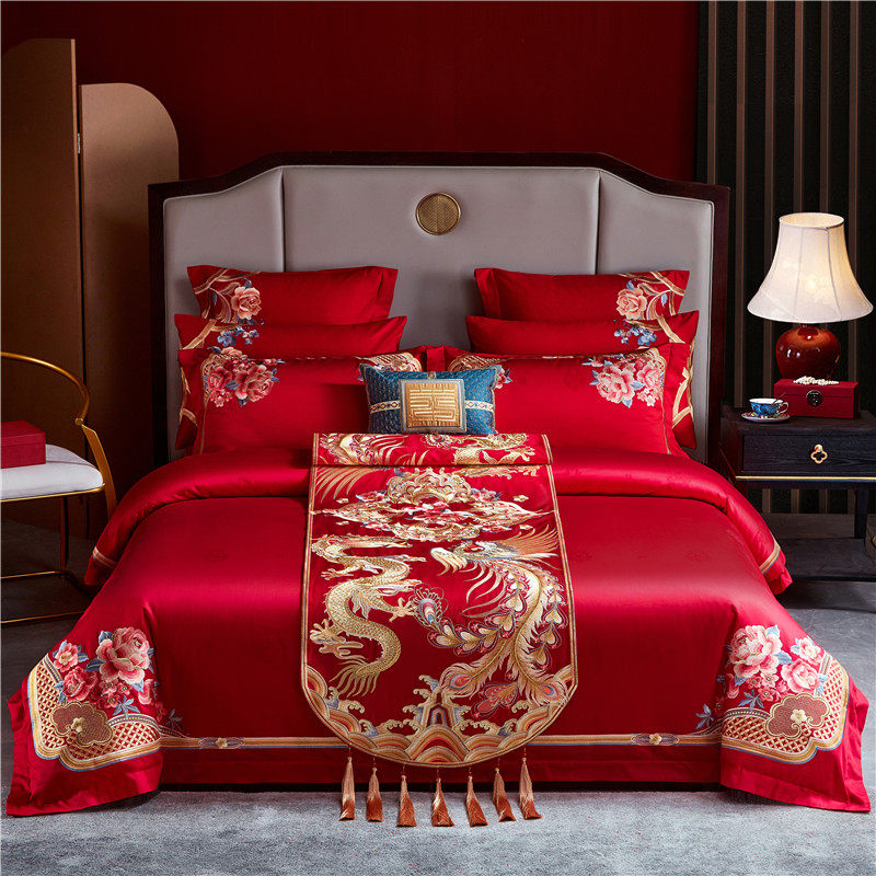 Wedding Longfeng Four Pieces of Marriage Hotel Bed Supplies New Married Big Rough Sheet Embroidery Pure Cotton Cotton