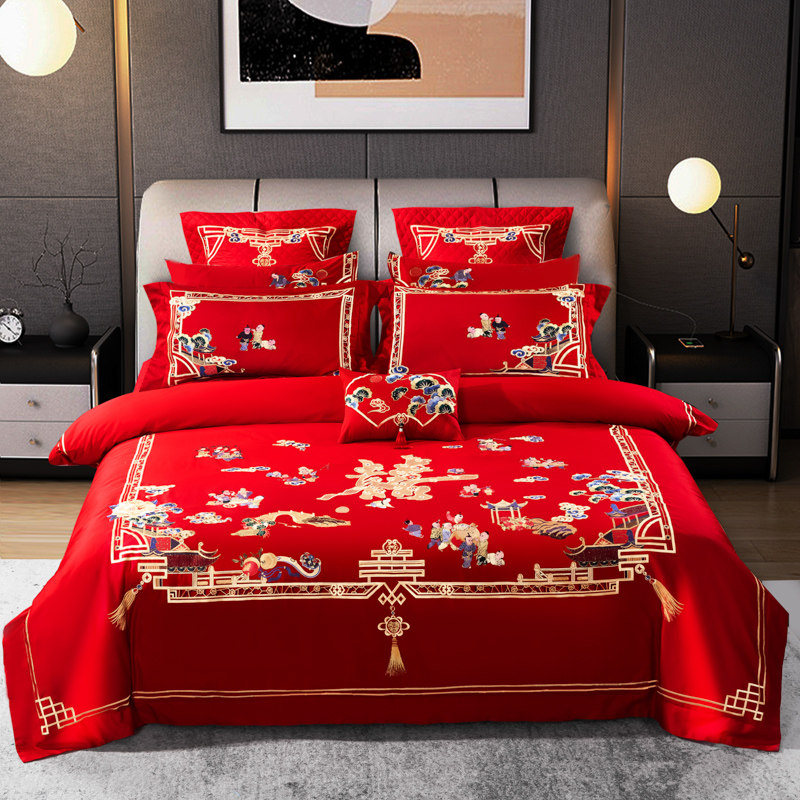 Wedding Home Textiles Pure Cotton Four Pieces Style 100 Full Cotton All Season Universal Long Suede Cotton 140 Support 100 Subplot Embroidered Red Quilt Cover