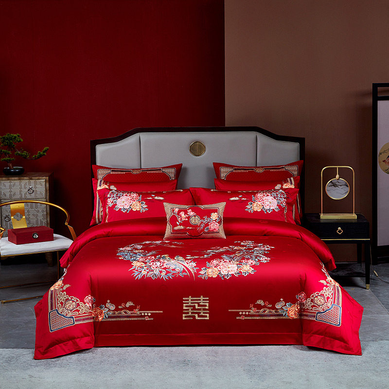 Wedding four-piece set of pure cotton dragon and phoenix Baizi embroidered quilt cover newcomer wedding cotton quilt cover nine-piece bedding