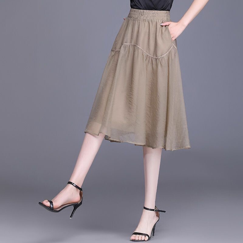 Summer Mesh Skirt, Women's 2026 New High-Waisted Slimming Mid-Length Skirt, Thin A-Line Skirt, Elegant Flared Skirt
