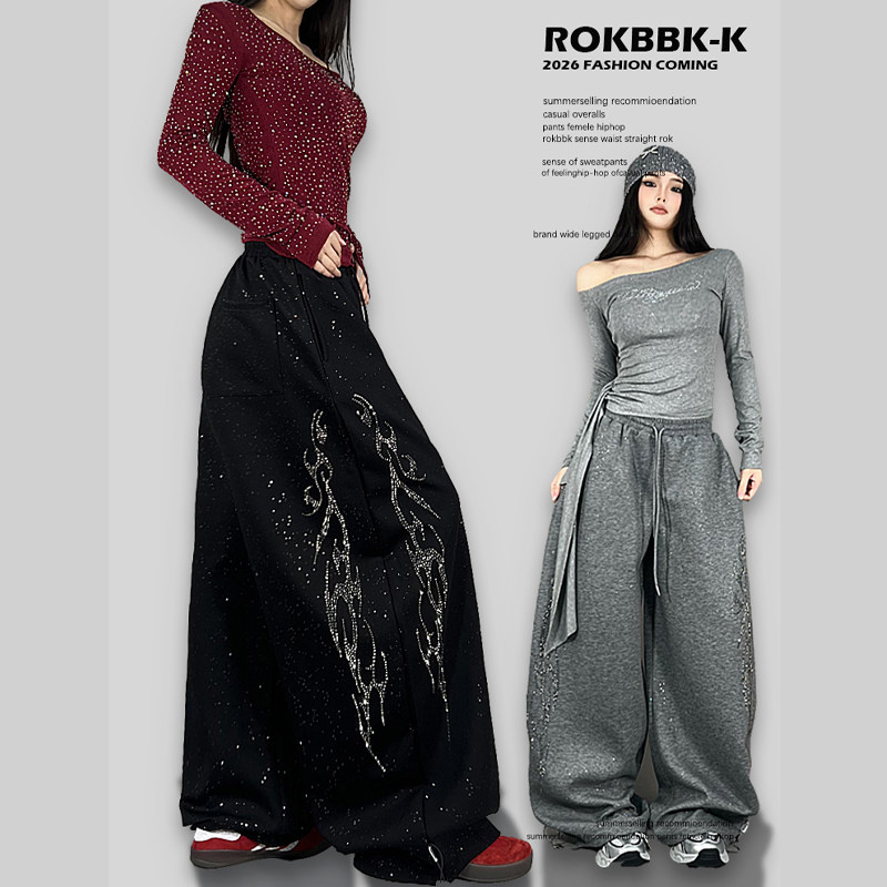 ROKBBK-K/韓国系アメリカ人ヒップホップスタイルストリートダンスラインストーンスパークリングワイドレッグパンツ（レディース）、ゆったりストリートカジュアルロングパンツ