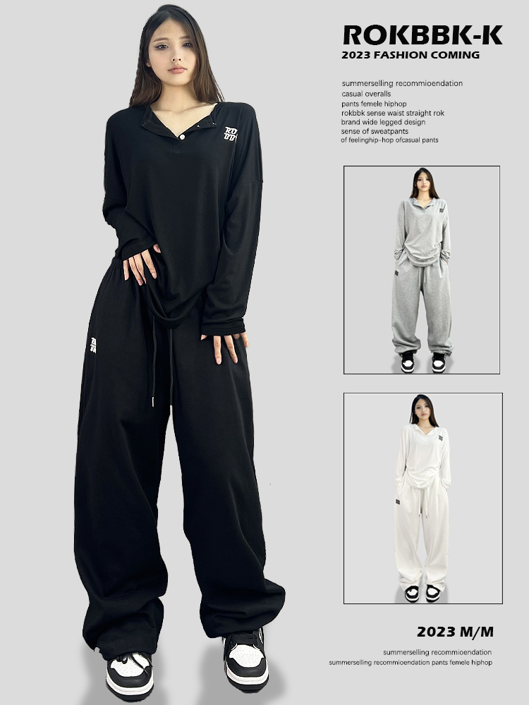 ROKBBK－K/ブハンジャズヒップホップスウェットパンツレディース刺繍入りルーズストレートダンスヒップホップパンツカジュアル