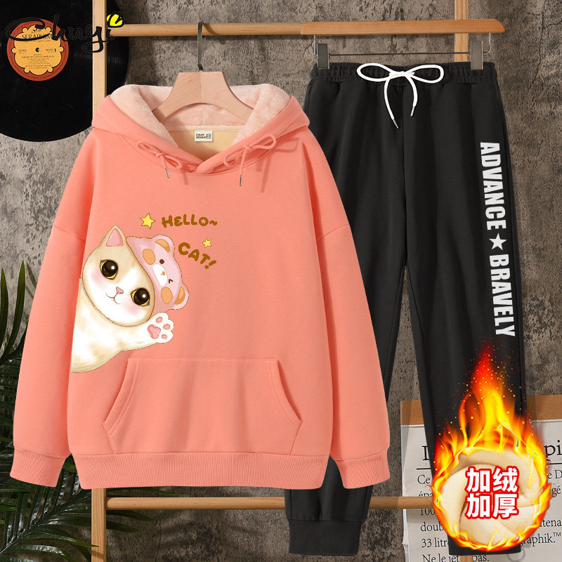 Plus Fleece Thickened Sports Suit Women Winter Middle School Students Casual 2021 Popcorn Two sets of sweatshirt Lianhood sportswear