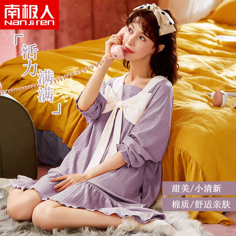 Sleeping Dress Woman Pure Cotton Long Sleeve Fall 2021 New online Red Burst Long version Home Clothing Princess Pyjamas women's spring and autumn