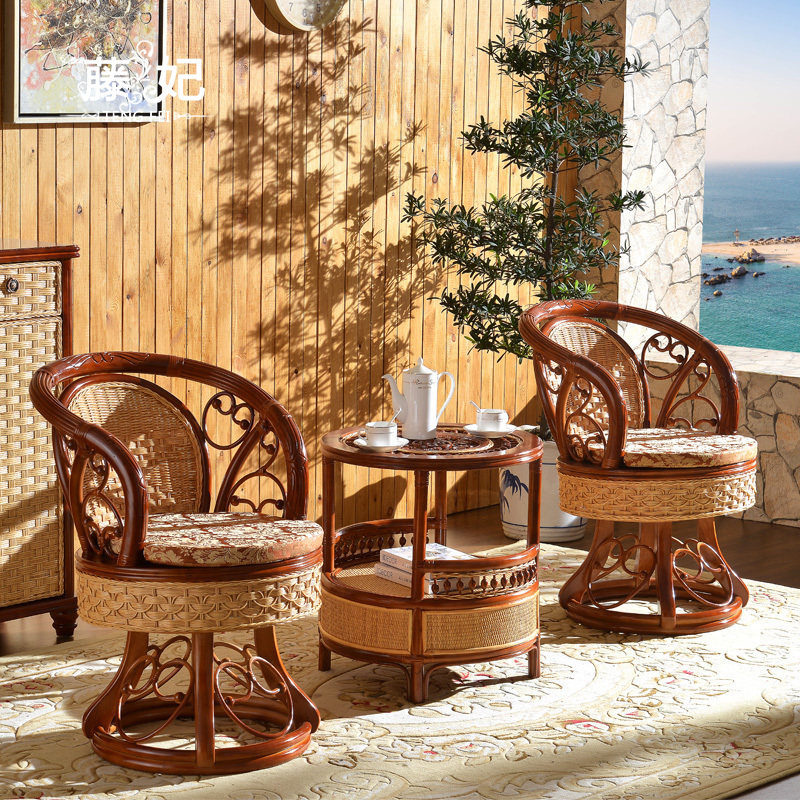 Casual rattan chair three sets home balcony small table and chairs combined single real rattan choreography old man leaning back chair bamboo chair-Taobao