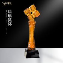 Handshake glass trophy custom creative lettering excellent staff Annual Meeting Awards commemorative crystal medal customized production