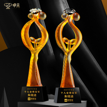 Zhuohe high-grade glass trophy custom creative leaf diamond crystal trophy custom-made annual excellent employee prize