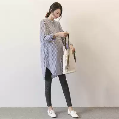 Pregnant women's autumn clothes out fashion models don't show belly loose striped shirt skirt long sleeve medium and long style shirt dress