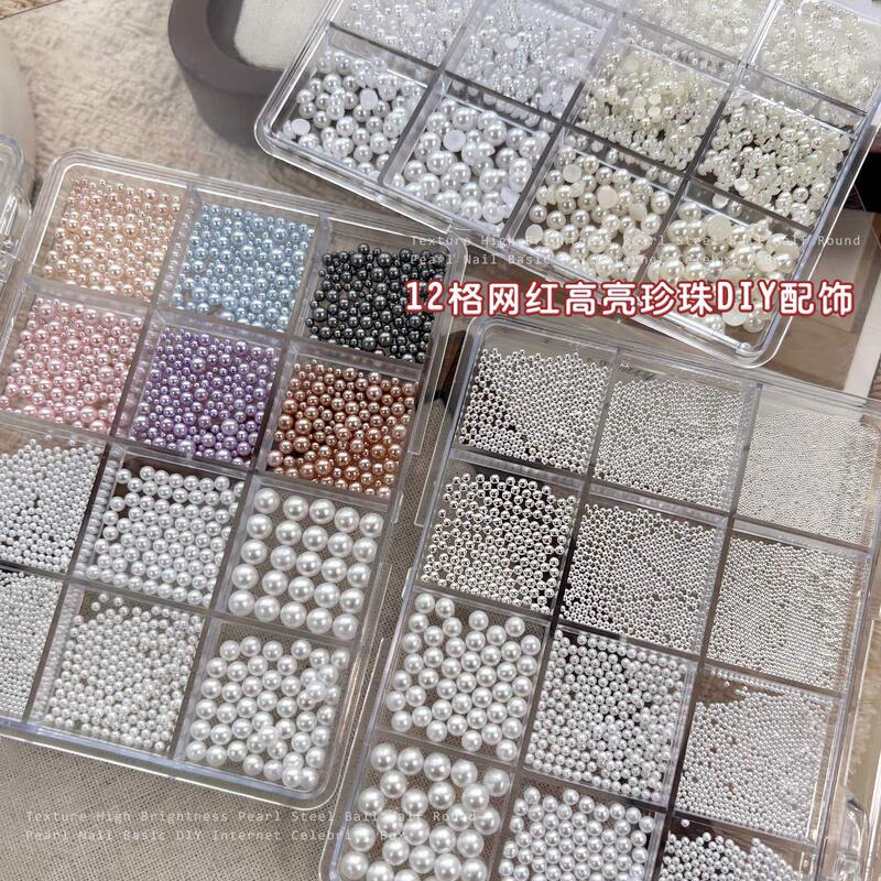 12-Compartment Pearl Nail Art Decorations, Mixed Size Round Steel Beads, Popular Semi-Circular Flat-Bottom White Beads, Nail Accessories Rhinestones