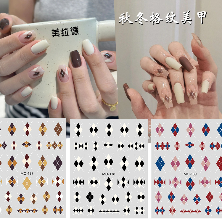 Rhombus Pattern Nail Stickers Autumn and Winter New Embossed Thin Tough Black and White Plaid Mixed Colorful Nail Stickers Trending Online