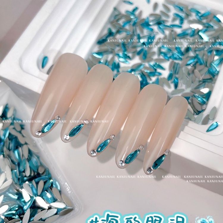 New Peacock Blue Long Water Drop Flat-Bottomed Rhinestone Nail Art Irregular-Shaped Rhinestone Internet Celebrity Super Shiny Blue Whitening Nail Decoration
