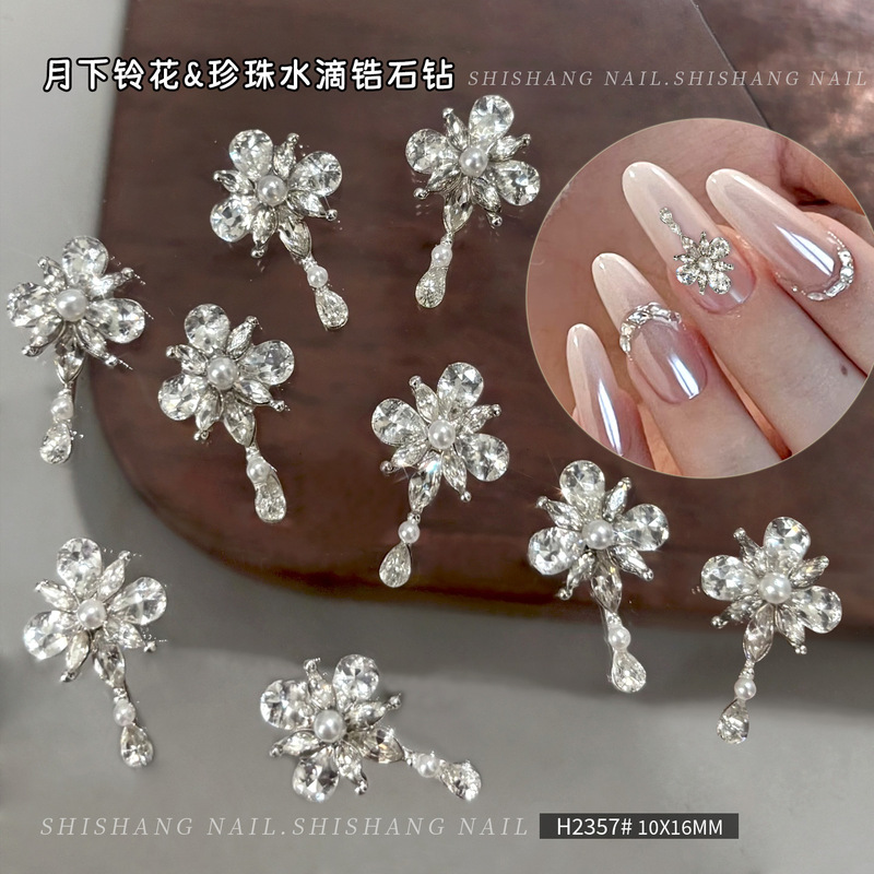 Water Drop Zircon Flower Pile Diamond Nail Art Accessories, Sparkling Pearl-Encrusted Marquise Finished Handmade Large Diamond Wearable Nail Decorations