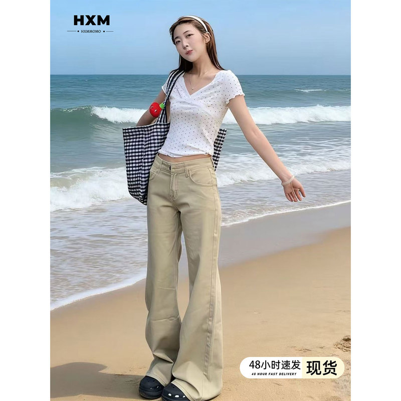 Khaki Flared Jeans for Petite Women, 2026 Spring/Summer New Style, Low-Waist, Slimming, Non-Tight, Flared, Floor-Length Pants