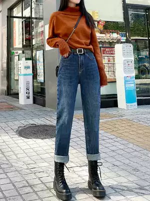 Straight jeans women plus velvet thin autumn and winter 2021 new winter loose Lady Daddy Rob Harun